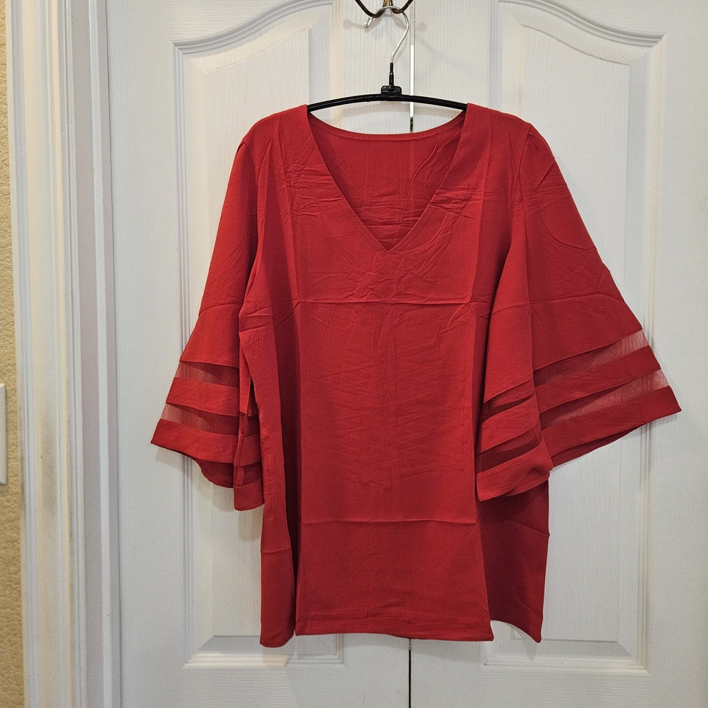 Chic Red V-Neck Blouse for Women - Picture 7 of 8